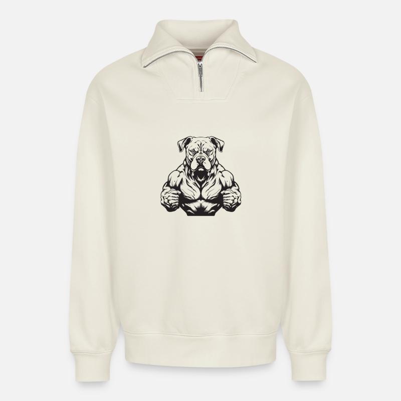Hund Beast Muskeln - Relaxed Unisex Organic Half Zip Sweatshirt – von SPREAD - Naturweiß