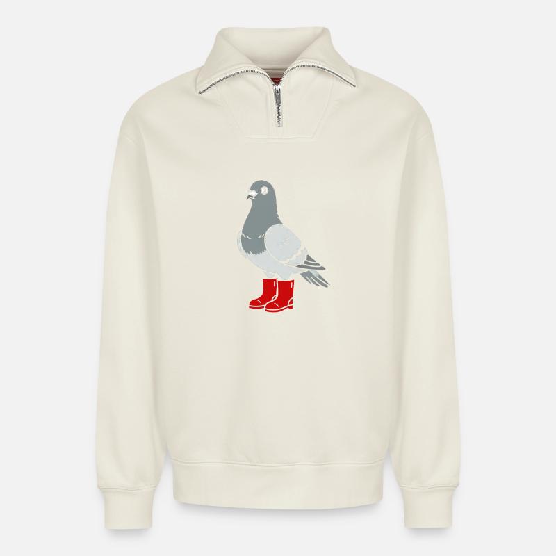 Taube in roten Stiefeln - Relaxed Unisex Organic Half Zip Sweatshirt – von SPREAD - Naturweiß