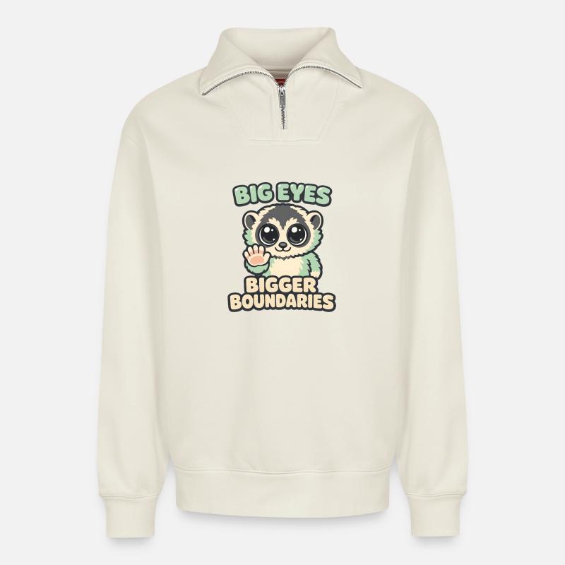 Große Augen | Plumplori mit Grenzen - Relaxed Unisex Organic Half Zip Sweatshirt – von SPREAD - Naturweiß