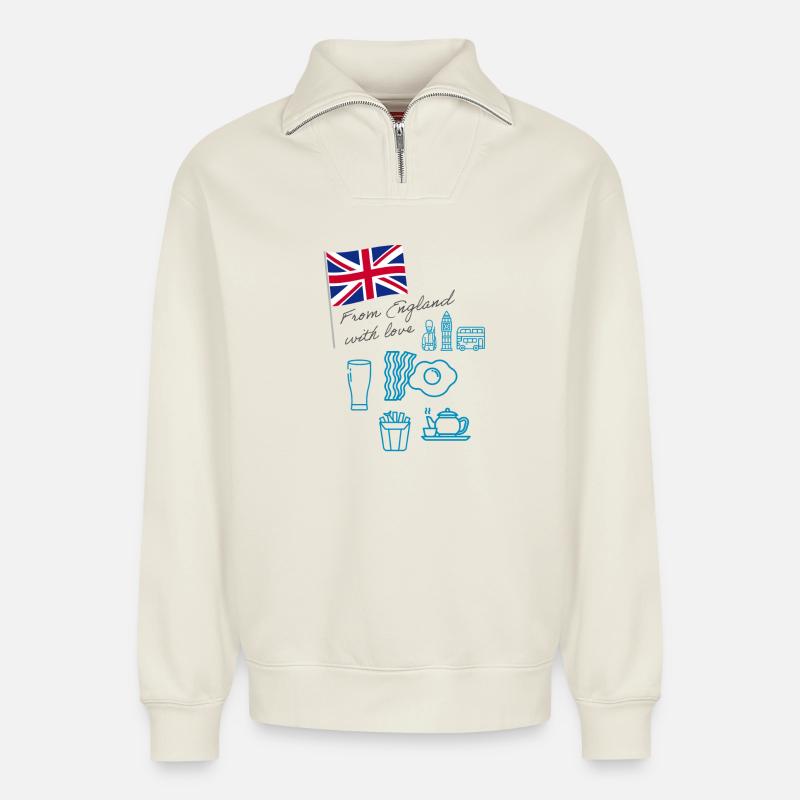 EXANGLIA (Texte bleu + gris) - Sweat unisexe décontracté en coton biologique à demi-zip – de SPREAD - blanc cassé
