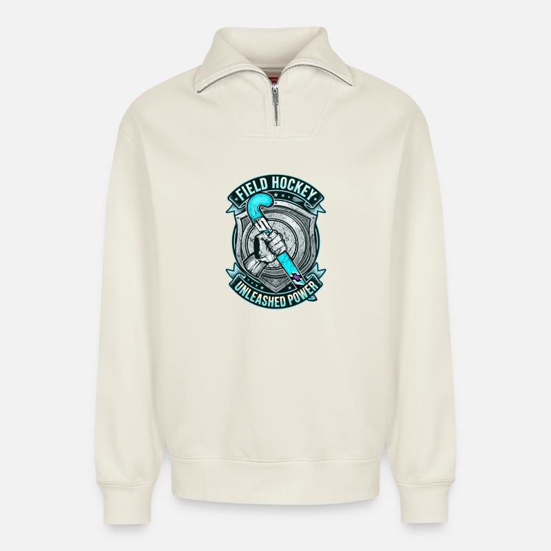 Feldhockey Schläger Unleashed Power Wappen - Relaxed Unisex Organic Half Zip Sweatshirt – von SPREAD - Naturweiß