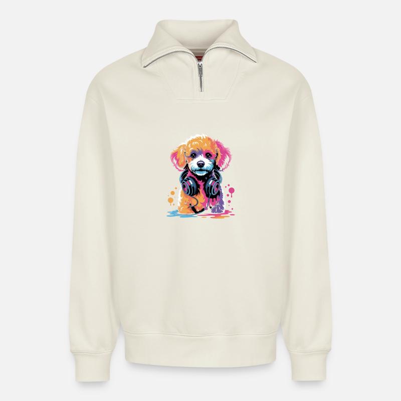 Pudel Welpe mit Kopfhörer - Relaxed Unisex Organic Half Zip Sweatshirt – von SPREAD - Naturweiß