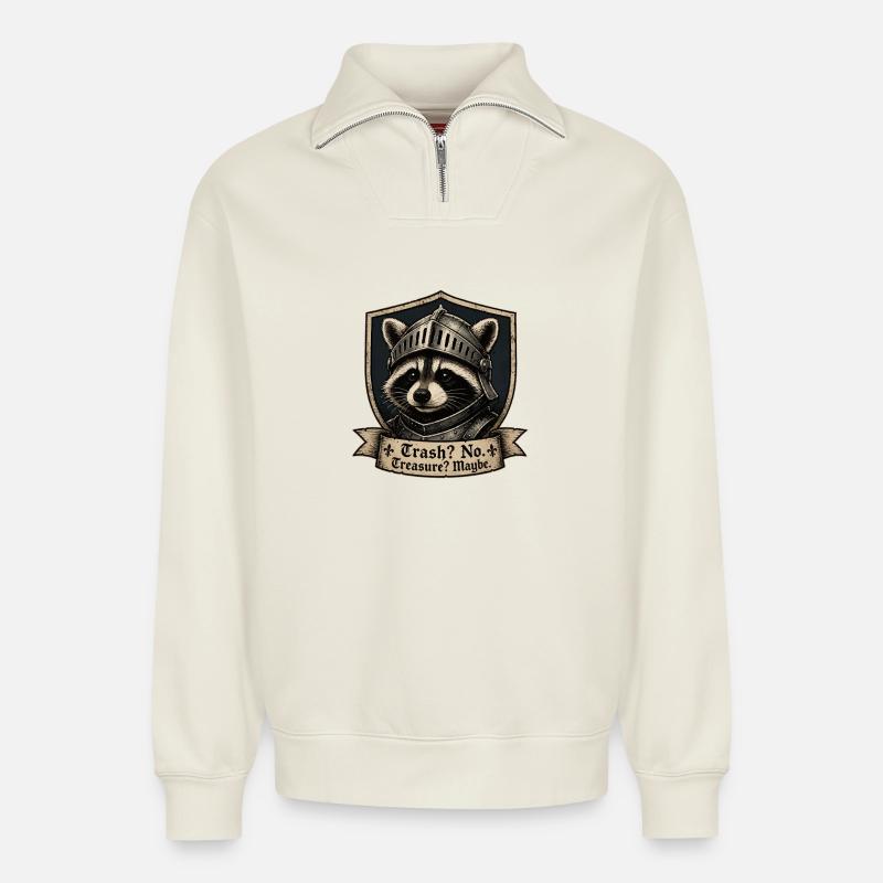 Knight Raccoon Shield Design - Relaxed Unisex Organic Half Zip Sweatshirt – by SPREAD - off white