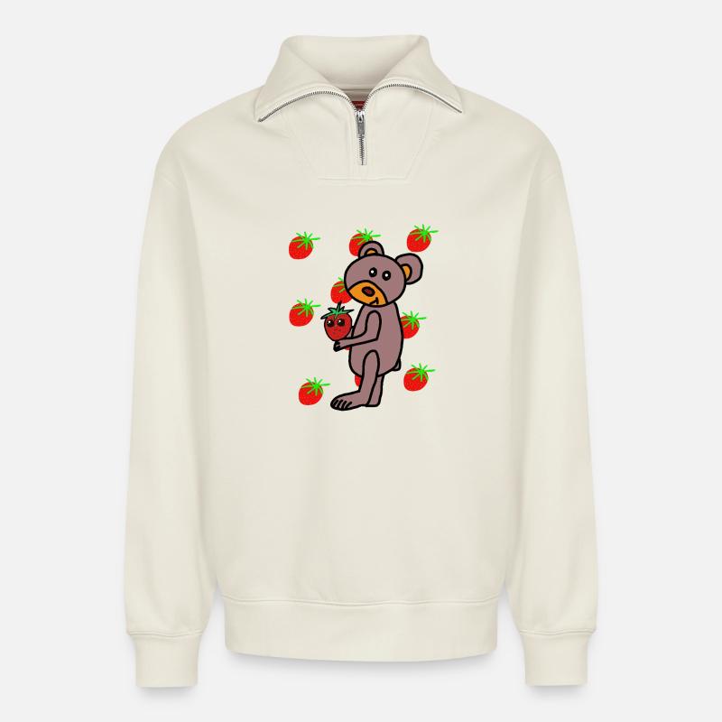 Erdbeere Teddy Kinder Bär  - Relaxed Unisex Organic Half Zip Sweatshirt – von SPREAD - Naturweiß