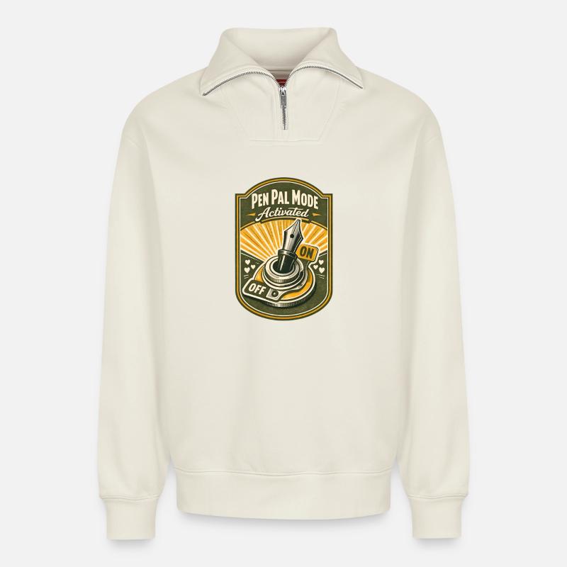 Brieffreund-Modus an | Pen Pal - Relaxed Unisex Organic Half Zip Sweatshirt – von SPREAD - Naturweiß