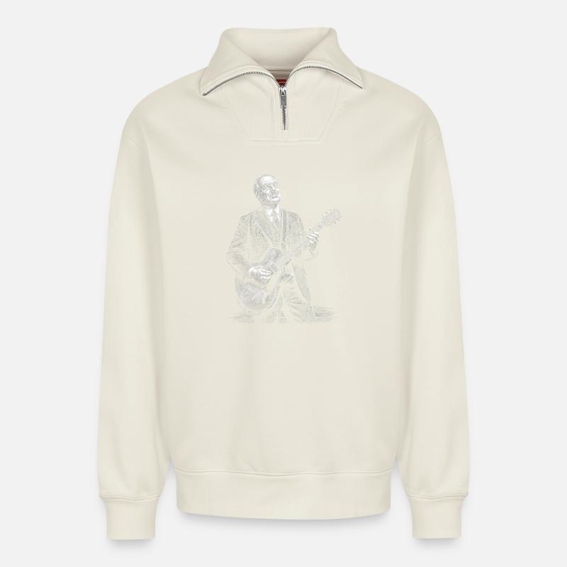 Warren Harding Playing Guitar - Relaxed Unisex Organic Half Zip Sweatshirt – by SPREAD - off white