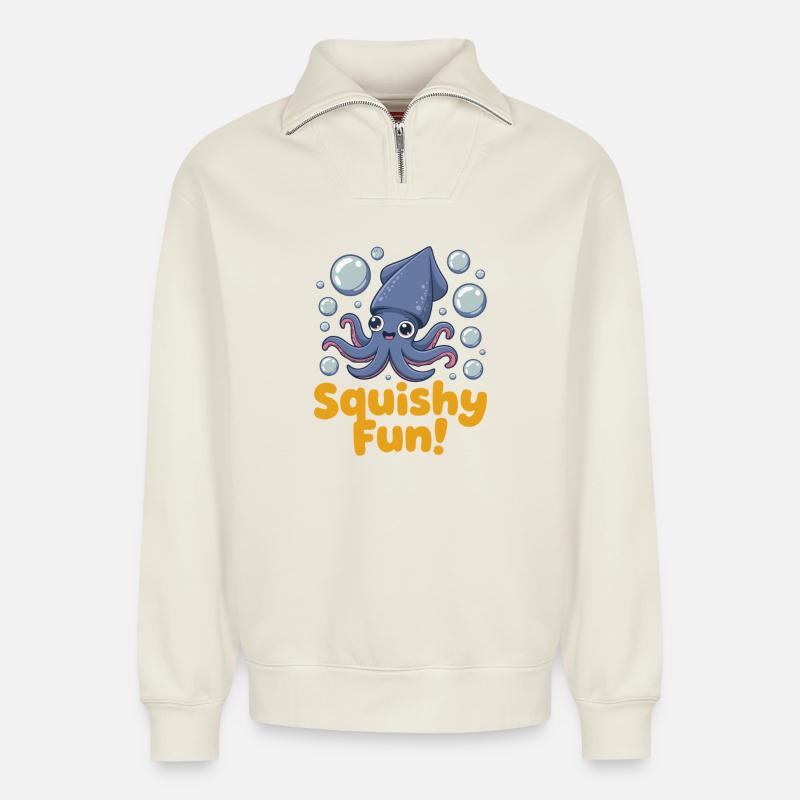 Squishy Fun Squid Illustration - Relaxed Unisex Organic Half Zip Sweatshirt – by SPREAD - off white