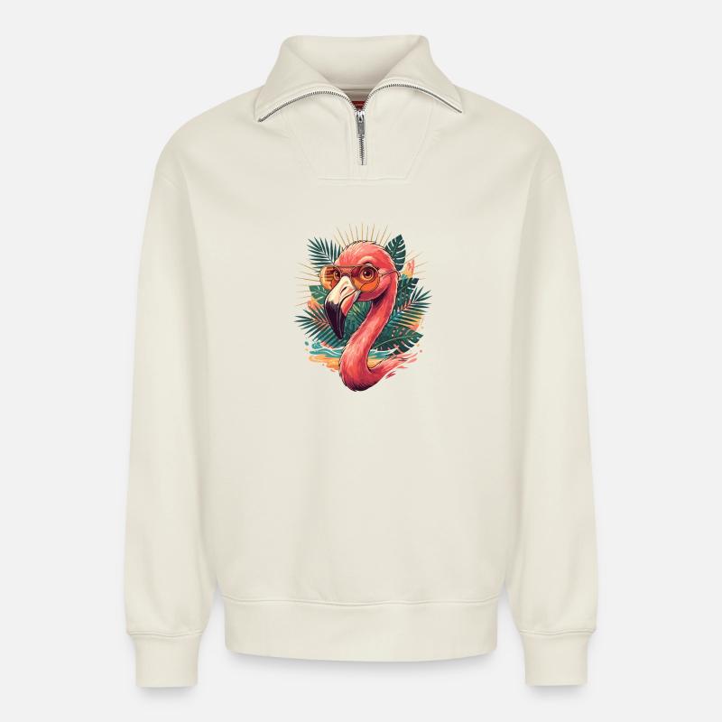 Flamingo Tropen Sonnenbrille - Relaxed Unisex Organic Half Zip Sweatshirt – von SPREAD - Naturweiß
