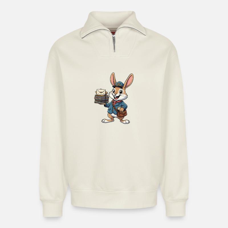 Hase als Postbote mit Briefstapel - Relaxed Unisex Organic Half Zip Sweatshirt – von SPREAD - Naturweiß