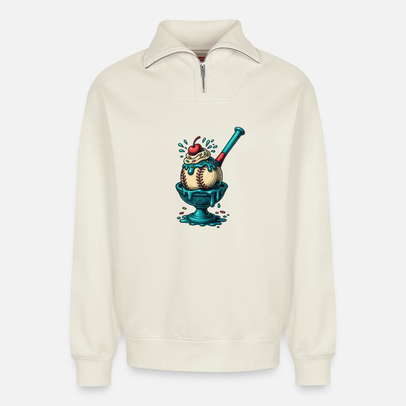 Plaisir Sundae de baseball - Sweat unisexe décontracté en coton biologique à demi-zip – de SPREAD - blanc cassé