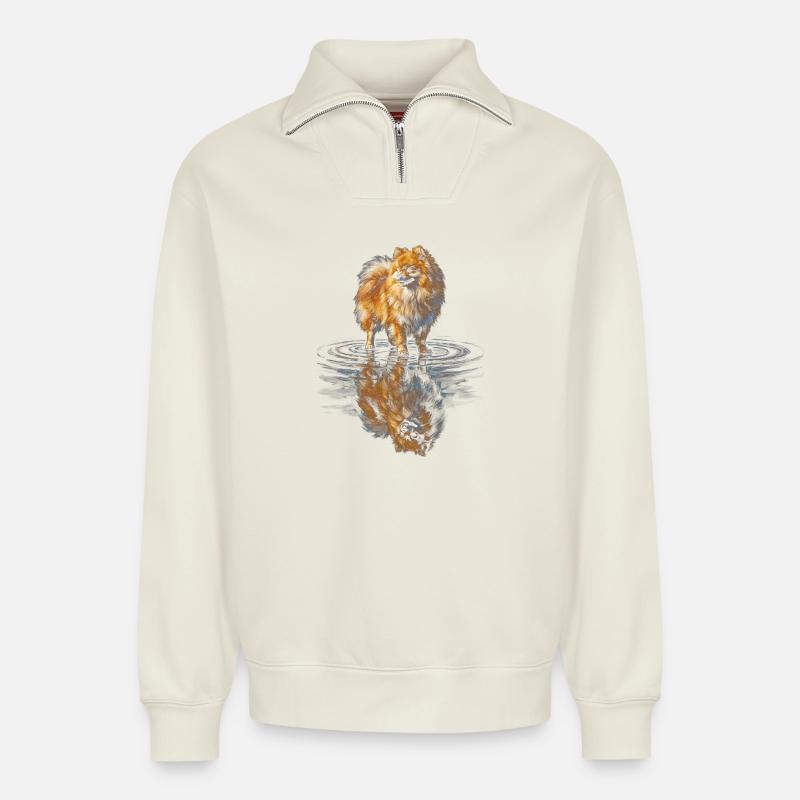 Pomeranian Water Reflection - Relaxed Unisex Organic Half Zip Sweatshirt – by SPREAD - off white