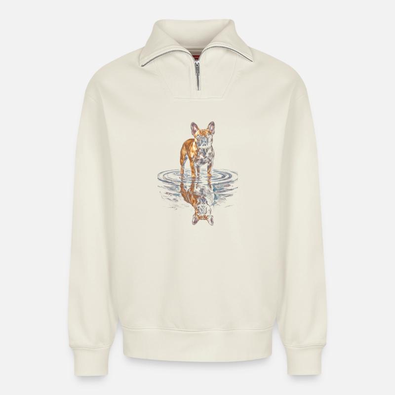 French Bulldog Water Reflection - Relaxed Unisex Organic Half Zip Sweatshirt – by SPREAD - off white