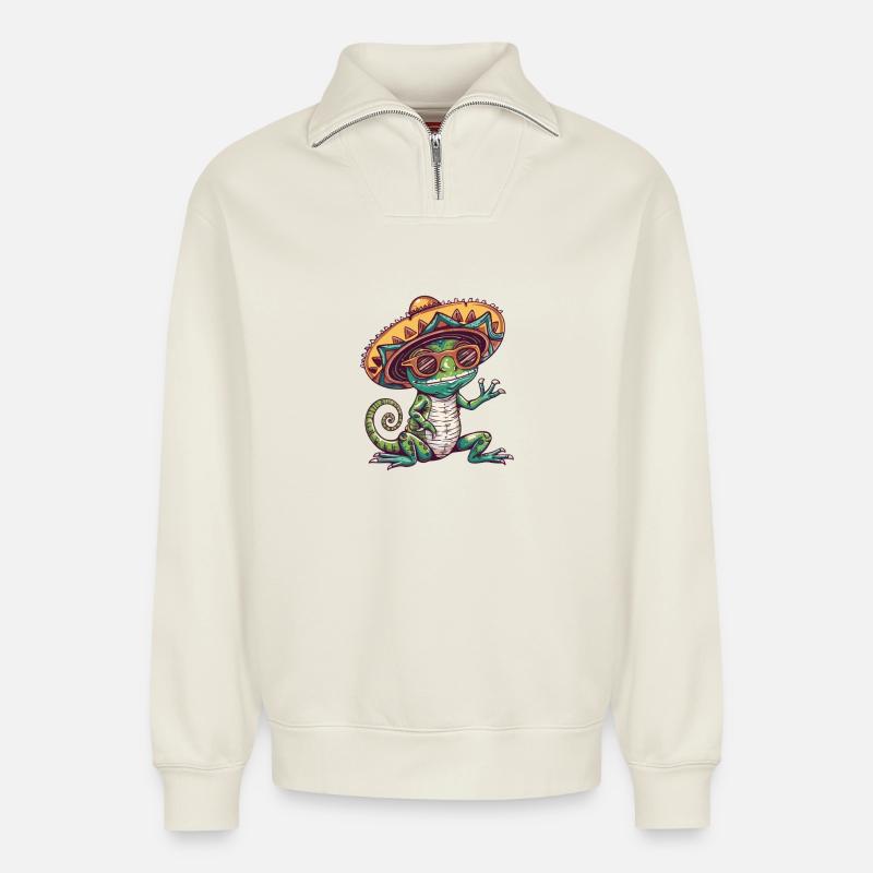 Chameleon Funny Sombrero - Relaxed Unisex Organic Half Zip Sweatshirt – by SPREAD - off white