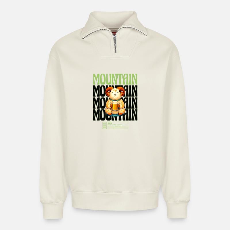 Bergbock mit Bierkrug Illustration - Relaxed Unisex Organic Half Zip Sweatshirt – von SPREAD - Naturweiß
