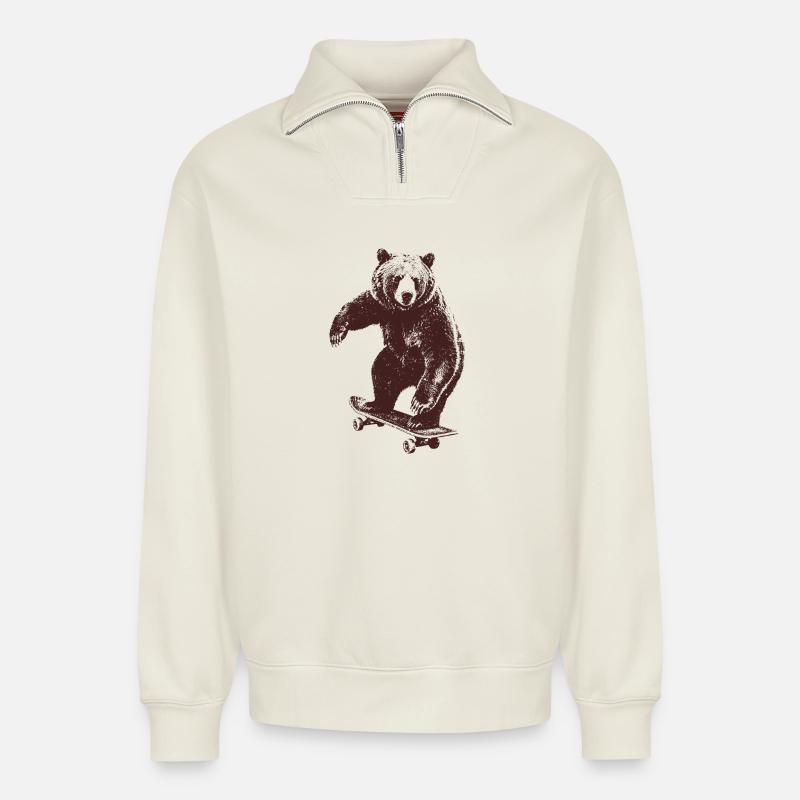 Skating Bär - Relaxed Unisex Organic Half Zip Sweatshirt – von SPREAD - Naturweiß