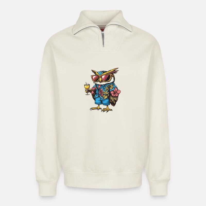 Eule Comic Sommer - Relaxed Unisex Organic Half Zip Sweatshirt – von SPREAD - Naturweiß