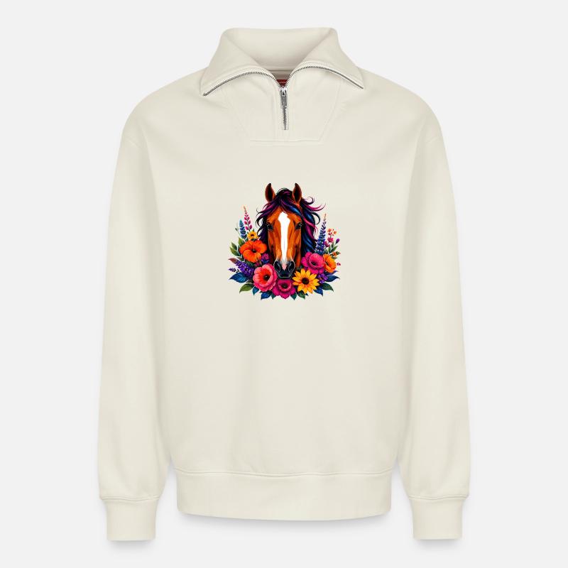 Cheval avec une couronne de fleurs - Sweat unisexe décontracté en coton biologique à demi-zip – de SPREAD - blanc cassé