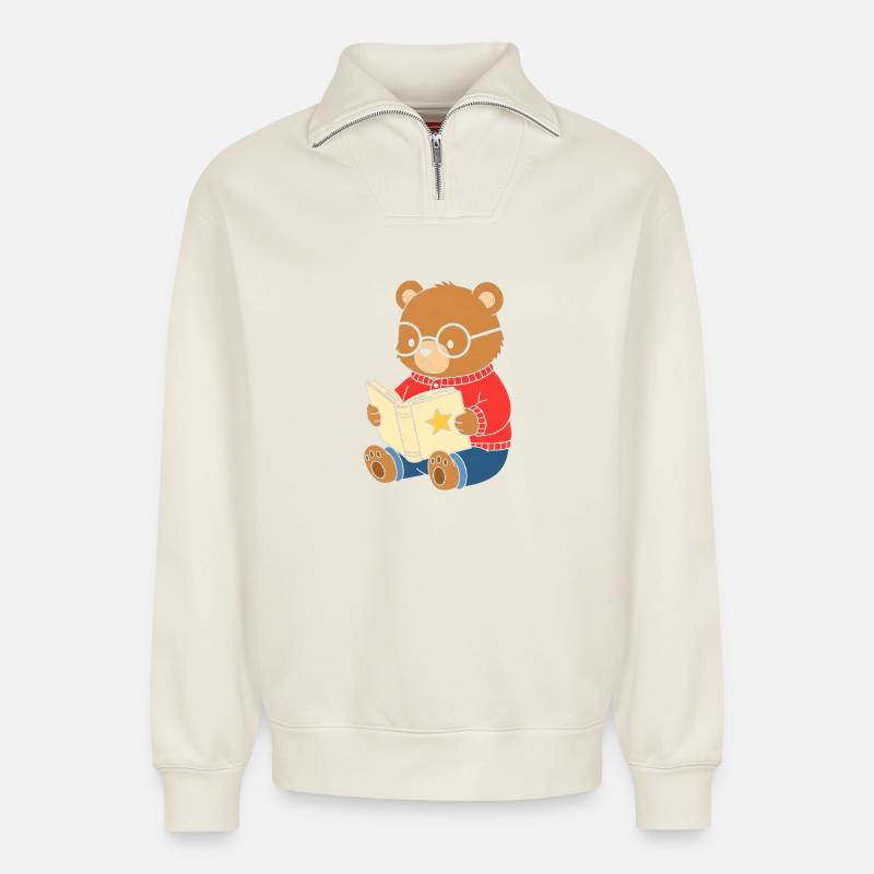 Little bear reads star book - Relaxed Unisex Organic Half Zip Sweatshirt – by SPREAD - off white