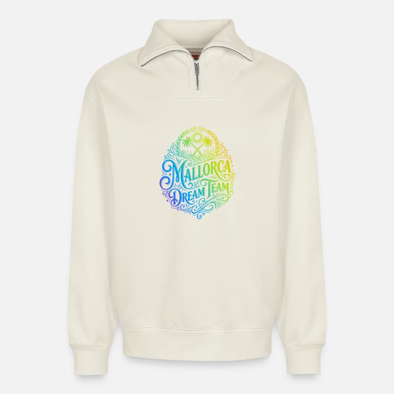 Mallorca Dream Team Bunt - Relaxed Unisex Organic Half Zip Sweatshirt – von SPREAD - Naturweiß