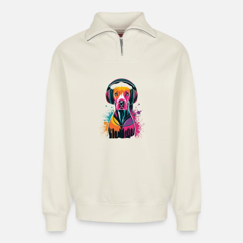 Viszla mit Kopfhörer - Relaxed Unisex Organic Half Zip Sweatshirt – von SPREAD - Naturweiß