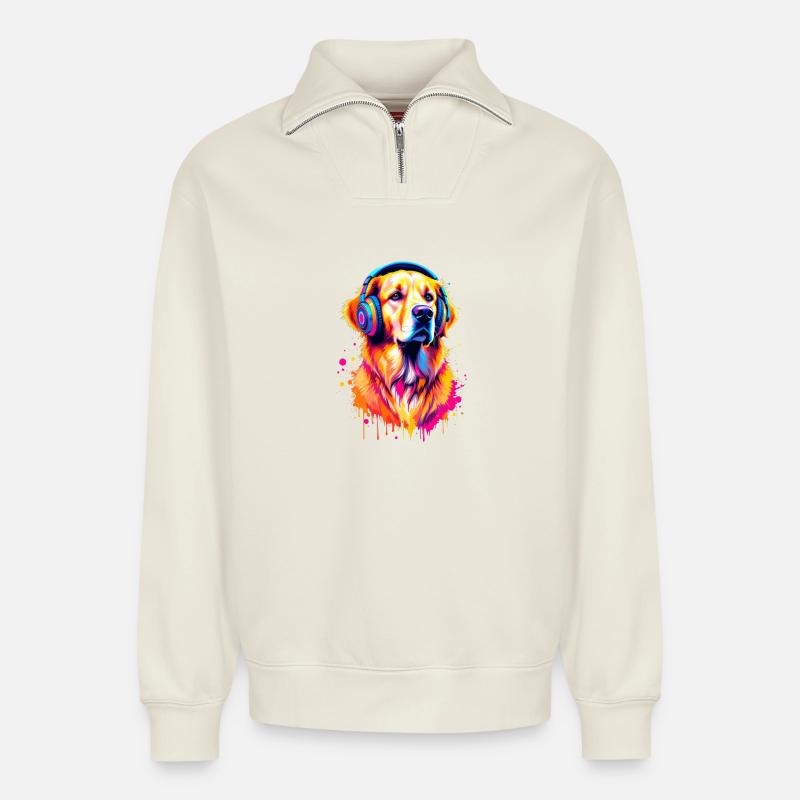 Golden Retriever mit Kopfhörer - Relaxed Unisex Organic Half Zip Sweatshirt – von SPREAD - Naturweiß