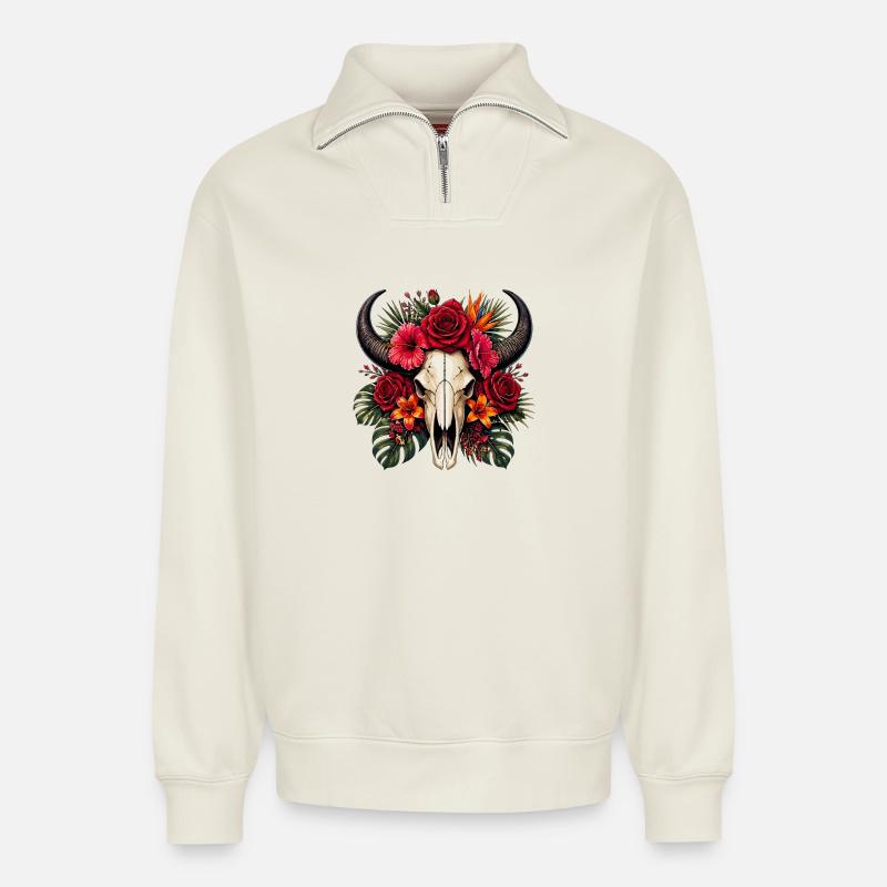 Blumen-Schädel mit Hörnern - Relaxed Unisex Organic Half Zip Sweatshirt – von SPREAD - Naturweiß