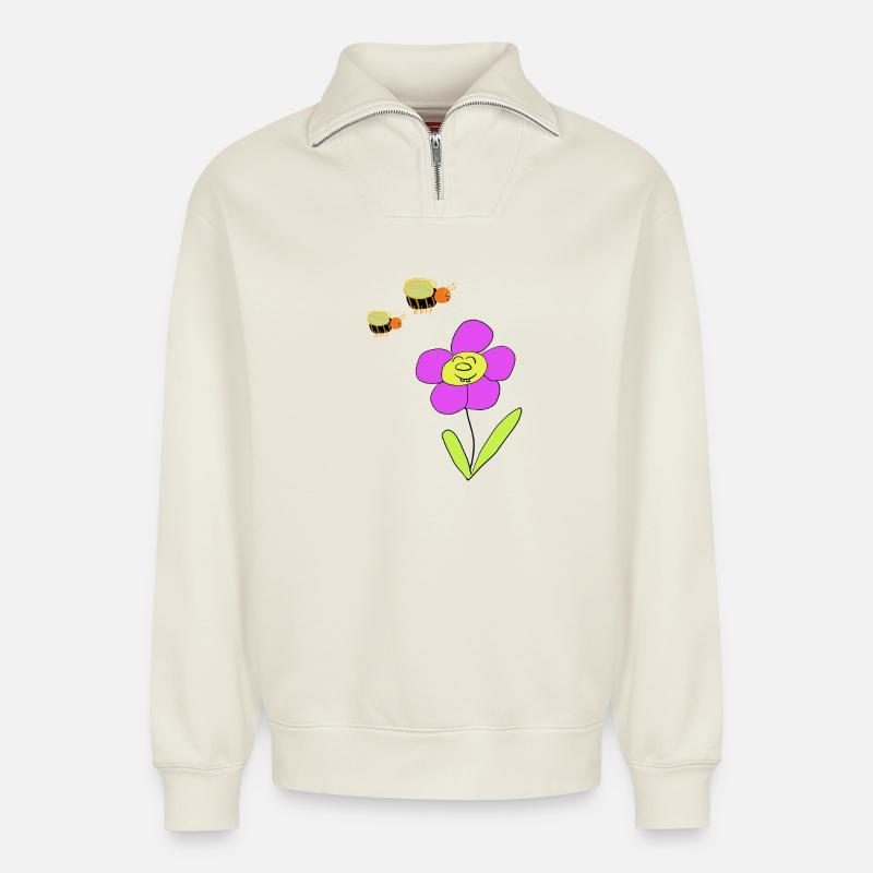 Flower with friendly bees - Relaxed Unisex Organic Half Zip Sweatshirt – by SPREAD - off white