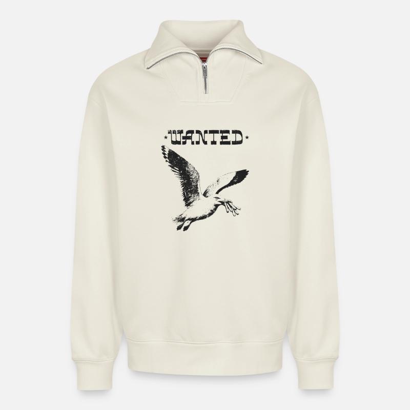 Wanted - Diebische Möwe - Relaxed Unisex Organic Half Zip Sweatshirt – von SPREAD - Naturweiß