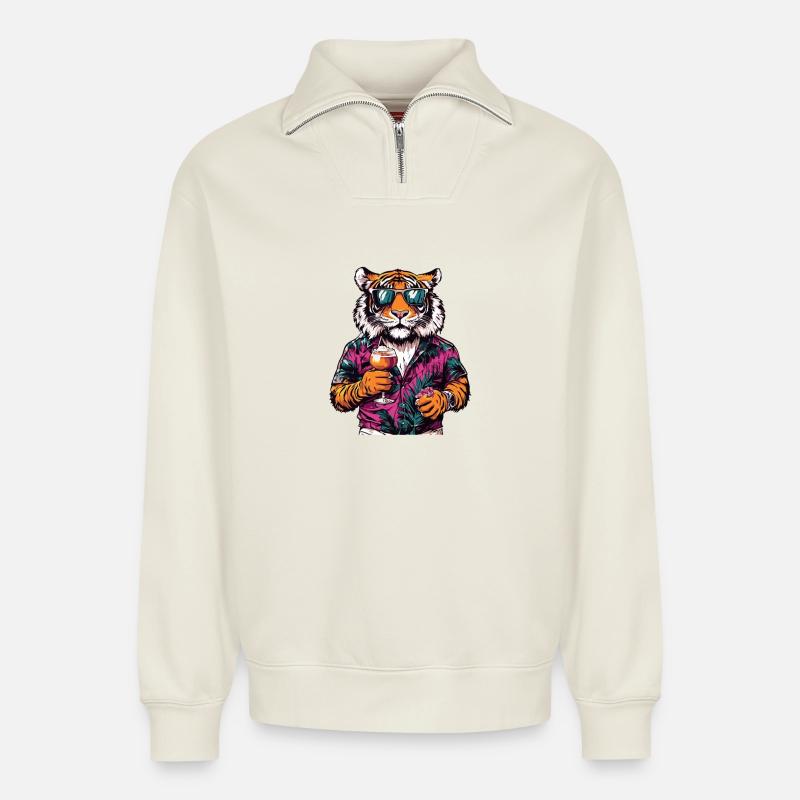 Tiger Comic Sommer - Relaxed Unisex Organic Half Zip Sweatshirt – von SPREAD - Naturweiß