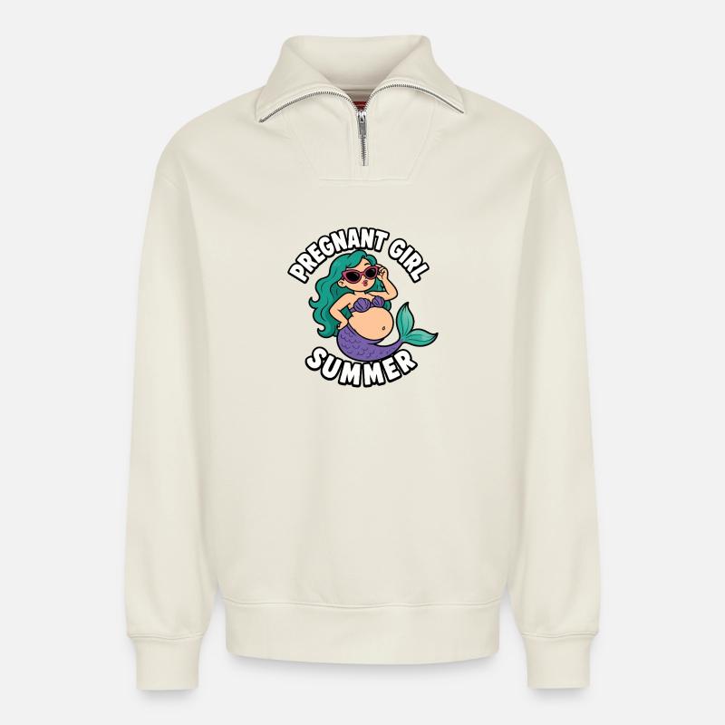 Fille enceinte, été, plage, sirène, - Sweat unisexe décontracté en coton biologique à demi-zip – de SPREAD - blanc cassé