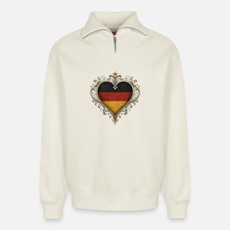 Heart flag in gold frame - Relaxed Unisex Organic Half Zip Sweatshirt – by SPREAD - off white