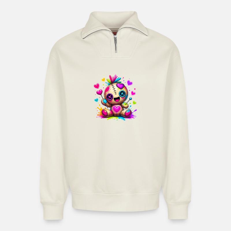 Patchwork-Kuscheltier mit Neonherzen - Relaxed Unisex Organic Half Zip Sweatshirt – von SPREAD - Naturweiß