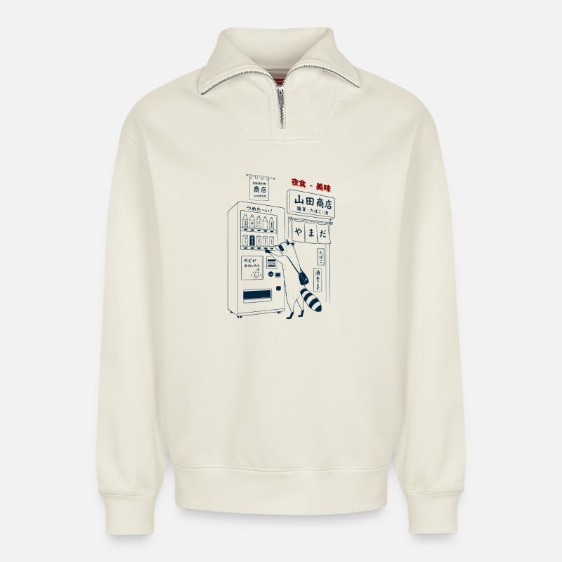 Waschbär Vending Maschine - Relaxed Unisex Organic Half Zip Sweatshirt – von SPREAD - Naturweiß