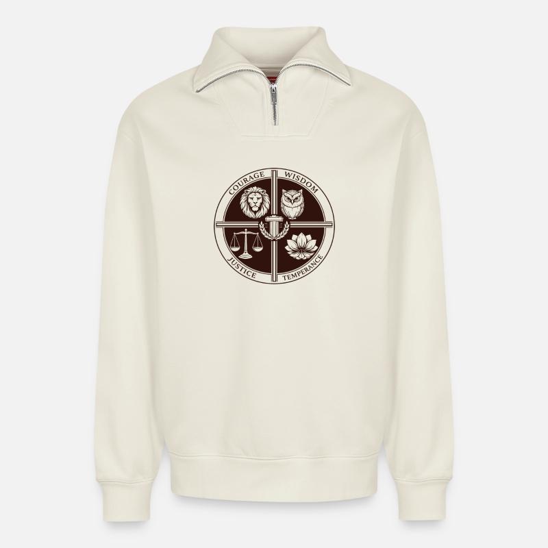 Stoische Vier Tugenden - Relaxed Unisex Organic Half Zip Sweatshirt – von SPREAD - Naturweiß