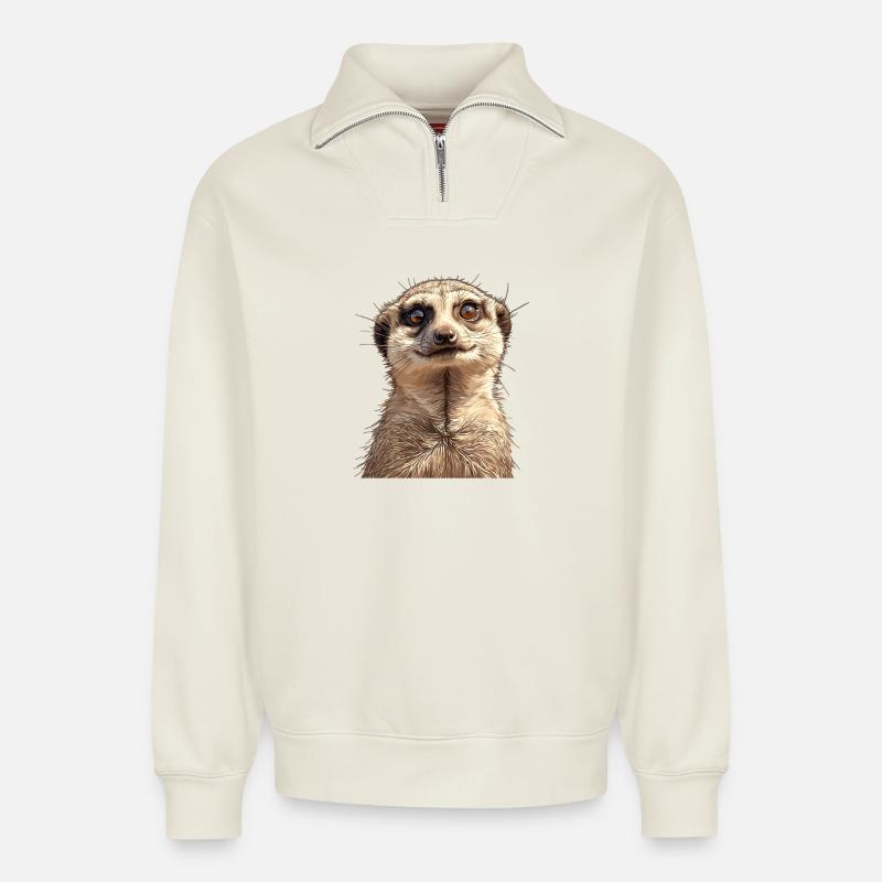 Suricate Erdmännchen - Sweat unisexe décontracté en coton biologique à demi-zip – de SPREAD - blanc cassé