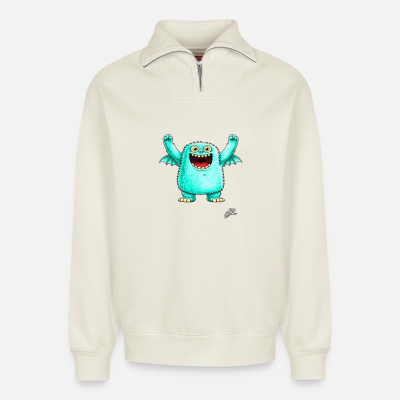 Monstre turquoise joyeux - Sweat unisexe décontracté en coton biologique à demi-zip – de SPREAD - blanc cassé