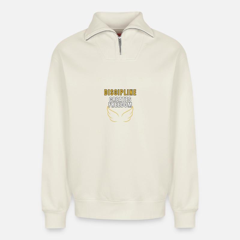 Disziplin schafft Freiheit - Relaxed Unisex Organic Half Zip Sweatshirt – von SPREAD - Naturweiß