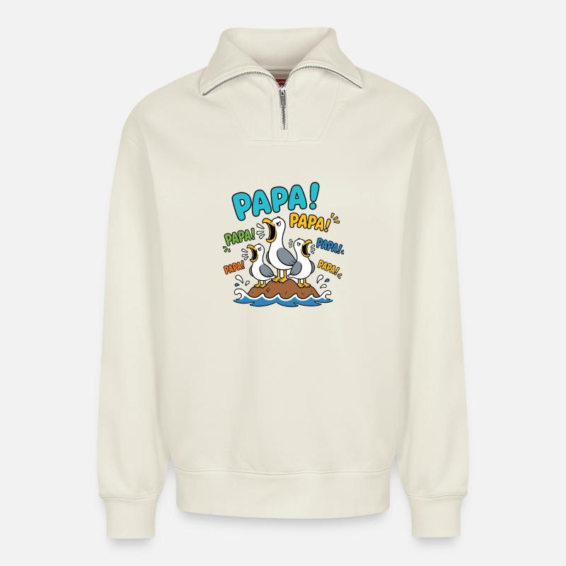 PAPA SEAGULL - Relaxed Unisex Organic Half Zip Sweatshirt – by SPREAD - off white