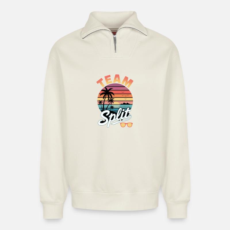 Team Split Sunset Tropics - Relaxed Unisex Organic Half Zip Sweatshirt – von SPREAD - Naturweiß