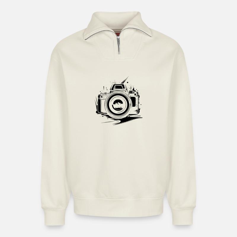 Kamera - Relaxed Unisex Organic Half Zip Sweatshirt – von SPREAD - Naturweiß
