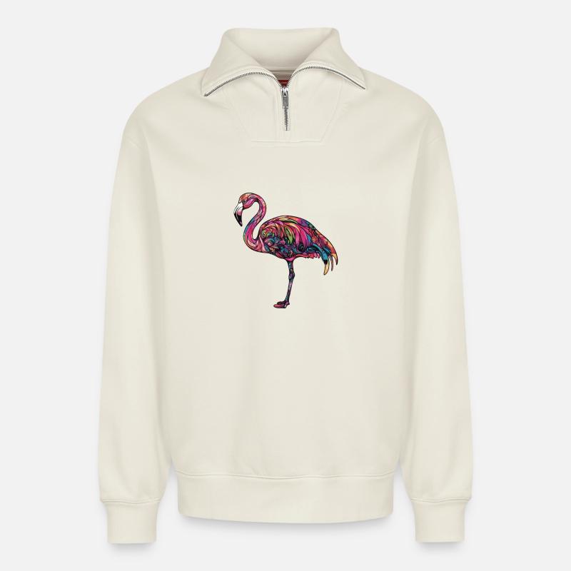 Flamingo Bunt - Relaxed Unisex Organic Half Zip Sweatshirt – von SPREAD - Naturweiß
