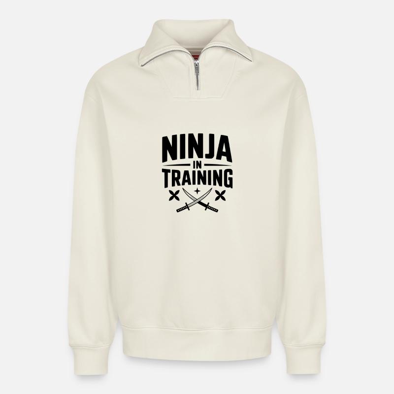 Ninja In Training - Relaxed Unisex Organic Half Zip Sweatshirt – by SPREAD - off white