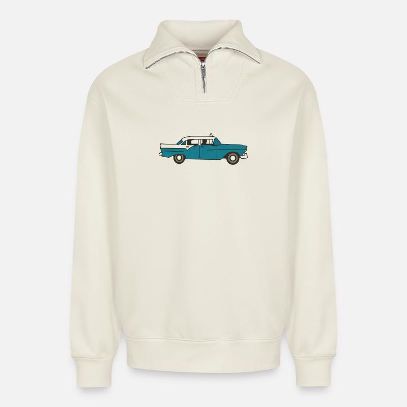 Kubanisches Oldtimer-Auto - Relaxed Unisex Organic Half Zip Sweatshirt – von SPREAD - Naturweiß