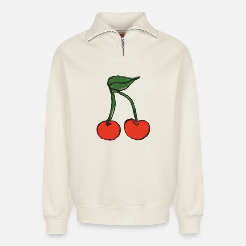 cerise cherry - Sweat unisexe décontracté en coton biologique à demi-zip – de SPREAD - blanc cassé