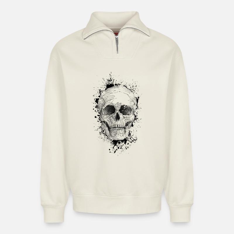 Crâne - Sweat unisexe décontracté en coton biologique à demi-zip – de SPREAD - blanc cassé