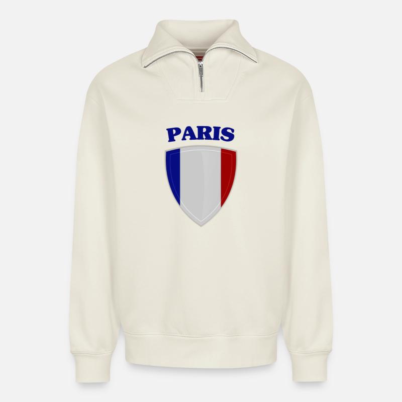 Paris (Paris) - Sweat unisexe décontracté en coton biologique à demi-zip – de SPREAD - blanc cassé