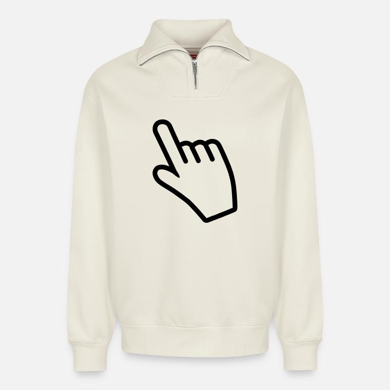 Main pointant quelque chose avec l’index - Sweat unisexe décontracté en coton biologique à demi-zip – de SPREAD - blanc cassé