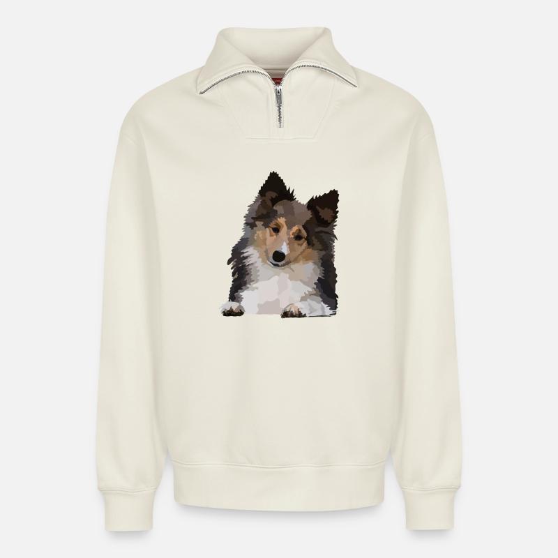 Dani, le Sheltie - Sweat unisexe décontracté en coton biologique à demi-zip – de SPREAD - blanc cassé