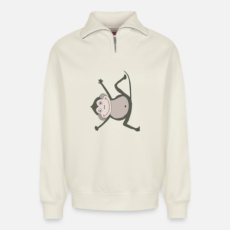 singe drôle - Sweat unisexe décontracté en coton biologique à demi-zip – de SPREAD - blanc cassé