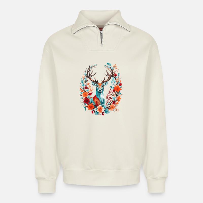 Hirsch mit Blumen - Relaxed Unisex Organic Half Zip Sweatshirt – von SPREAD - Naturweiß